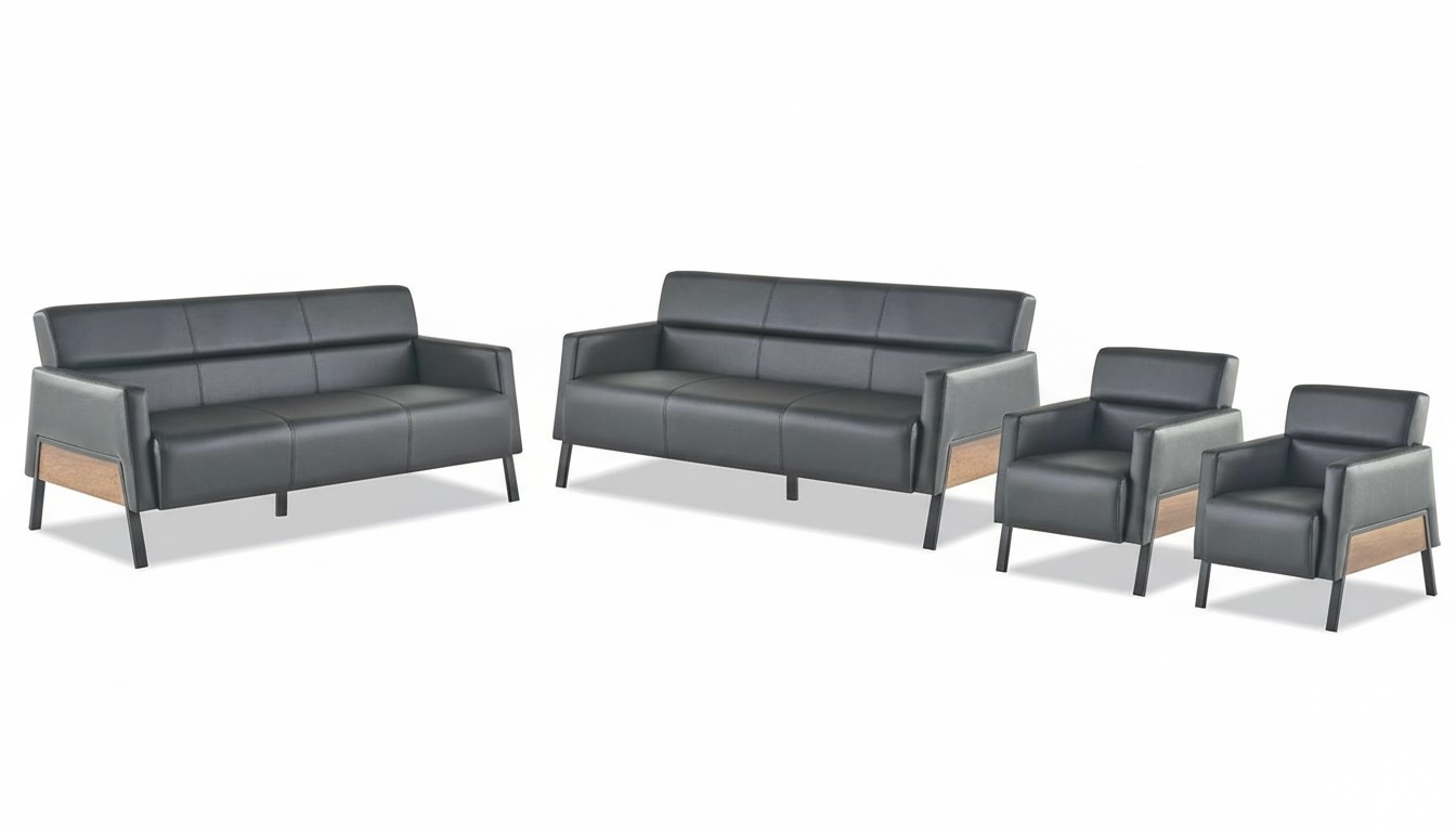 Sofa-Set 3-Sitzer 2x Sessel Schwarz Ledersofas Modern Leder Holz Weich