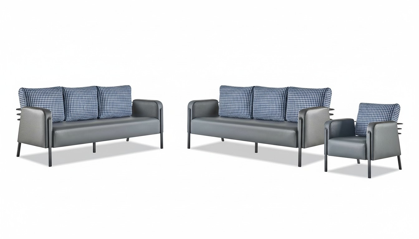 Sofa-Set Grau Blau Ledersofa 3-Sitzer Sessel Modern 1-Sitzer Leder Textil