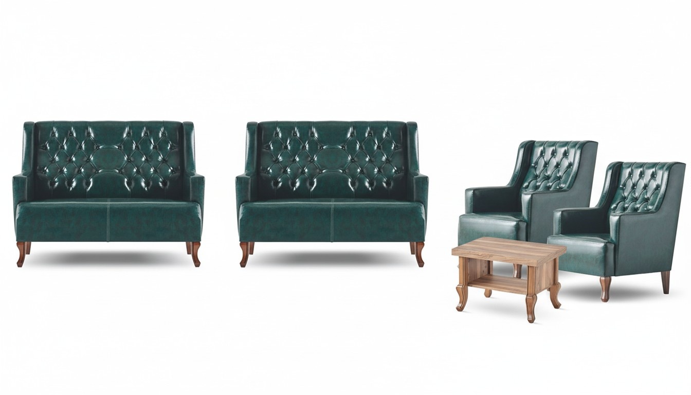 Sofa-Set Klassisch Grün Chesterfield Set 2-Sitzer Sessel Couchtisch Leder
