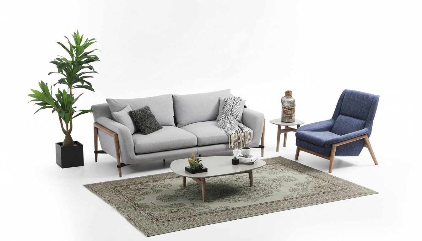 Sofagarnitur 4 Sitzer Sessel Viersitzer Stoff Sofas Modern Design Grau