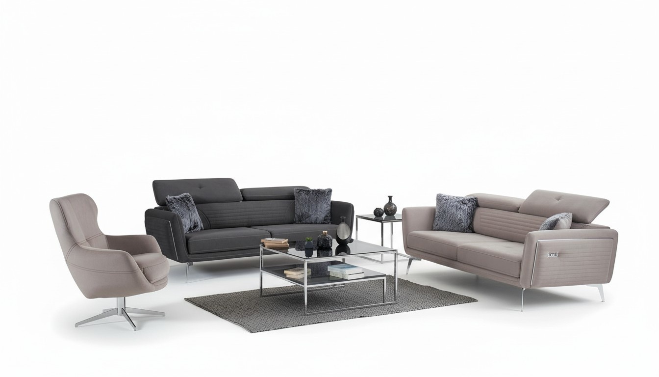Sofagarnitur Couch Polster Möbel Stoff Sofa Couchen 3+3+1 Grau Gruppe