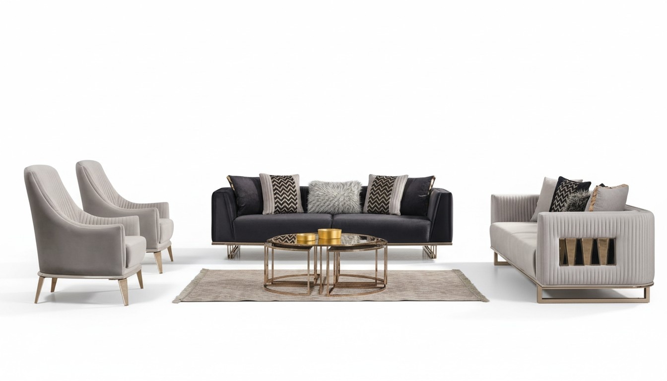 Sofagarnitur Couchgarnitur Dreisitzer Sessel Grau Stoffsofa Set 3tlg