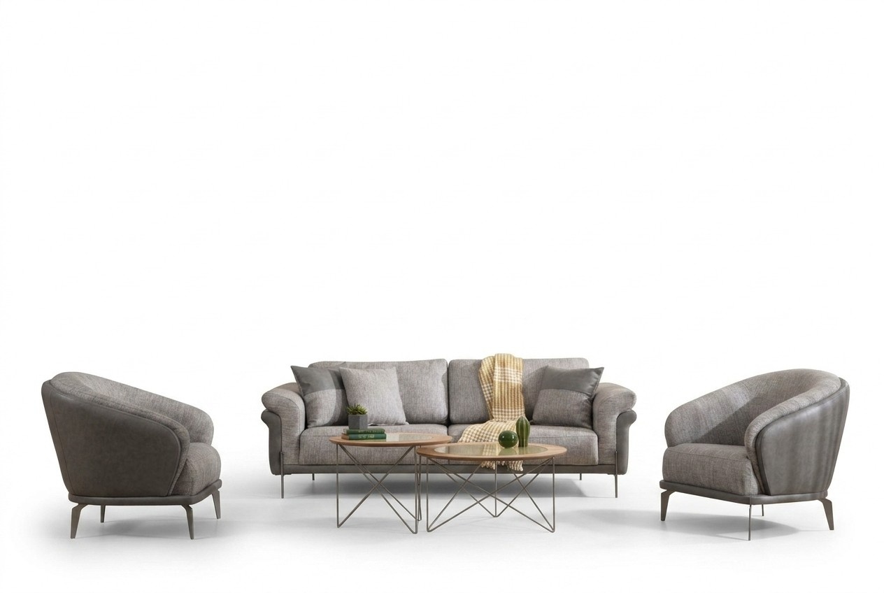 Sofagarnitur Sofa 3 Sitzer Grau Sessel Wohnzimmer Möbel Luxus Design