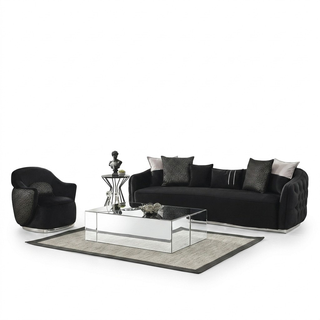 Sofagarnitur Sofa 4 Sitzer Sessel Viersitzer Stoff Schwarz Polyester