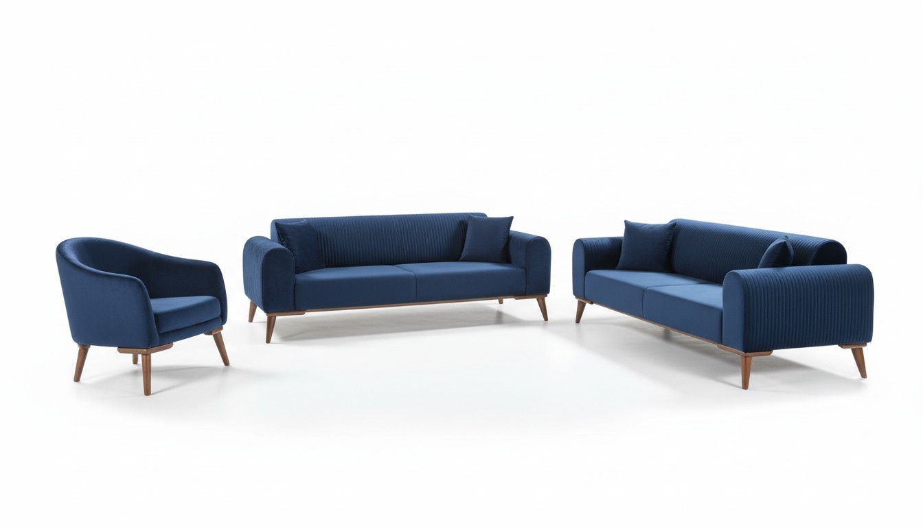 Sofagarnitur 3+3+1 Sitzer Sofa Sessel Royal Blaue Couch Samt 3tlg