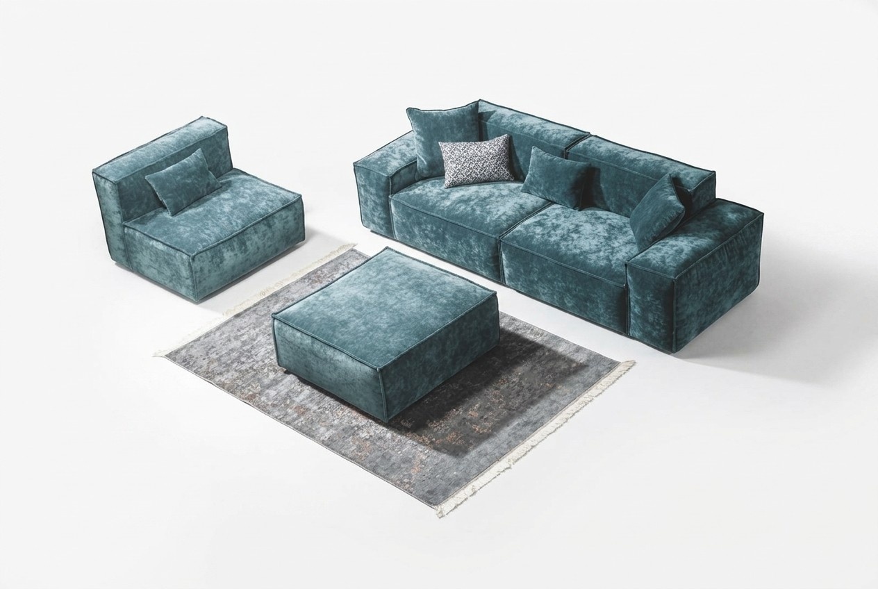 Sofagarnitur Würfel Möbel xxl 3+1 Sitzer Blau Wohnzimmer Sessel Hocker