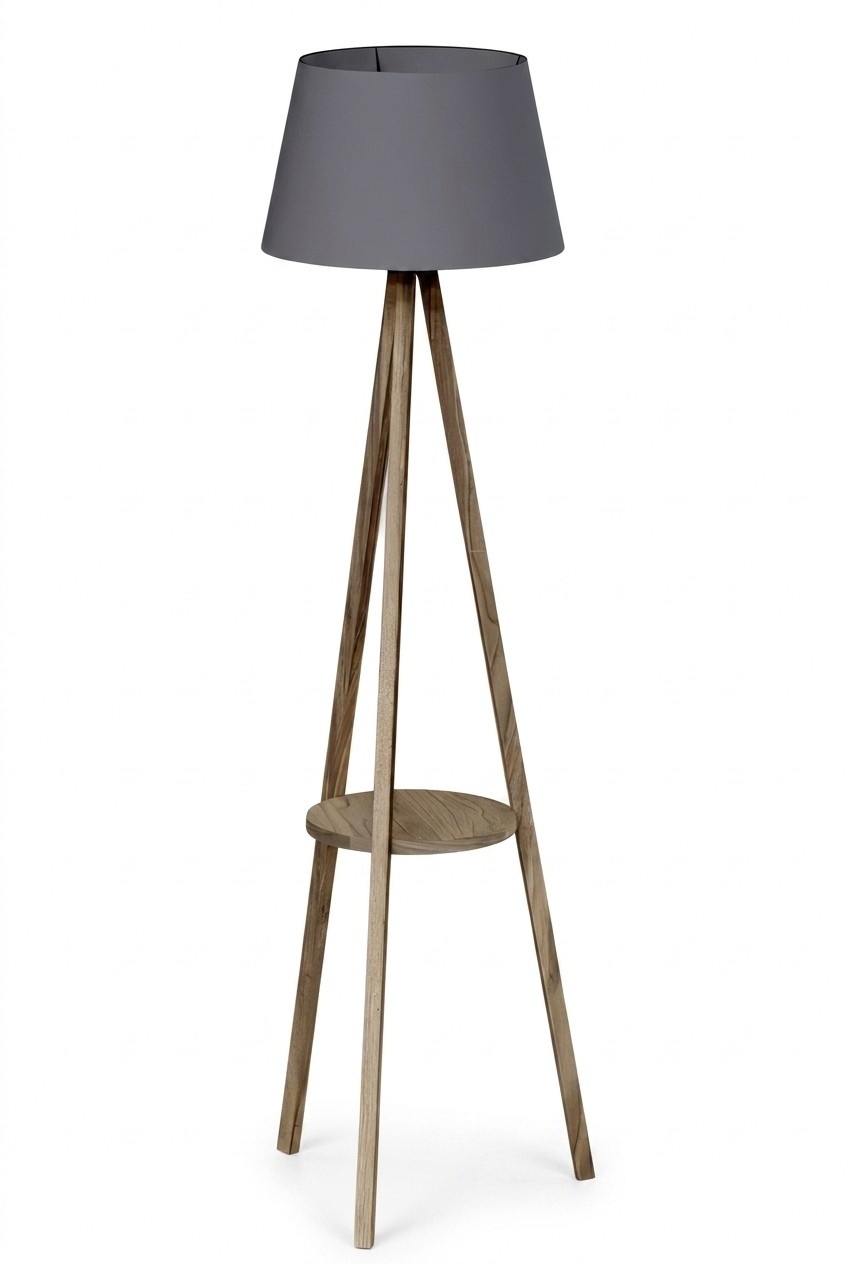 Stehlampe mit Regal aus Holz in Grau modernes Design