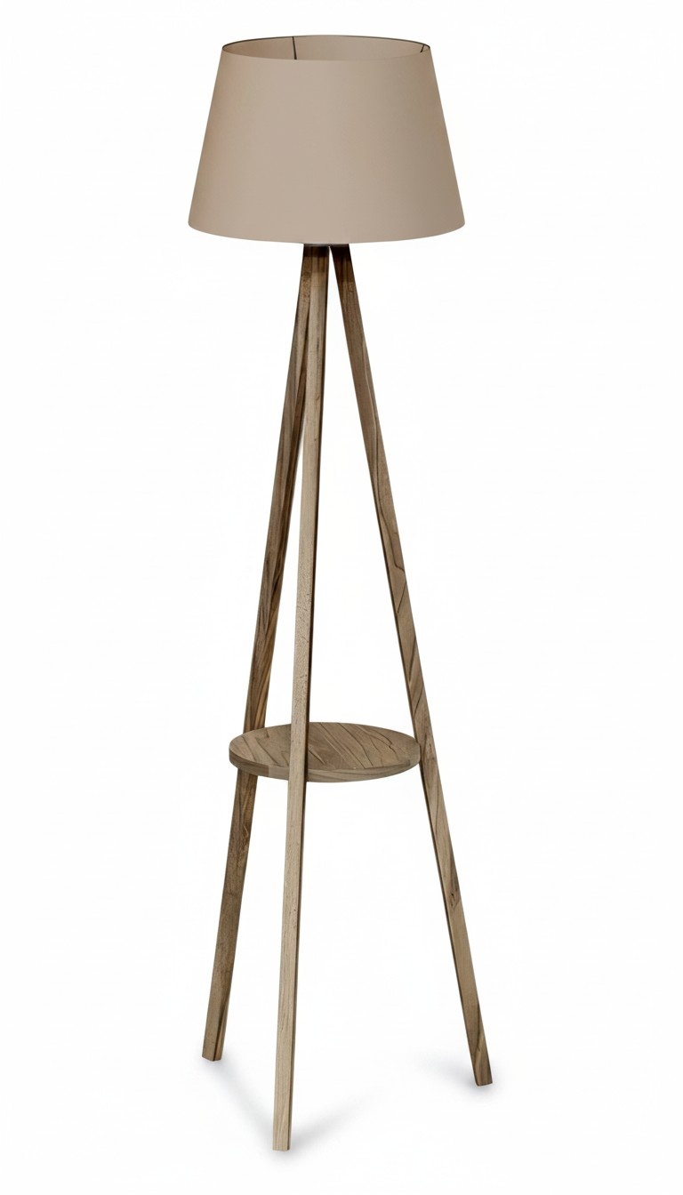 Stehlampe mit Regal Holz Beigeton modern elegante Wohnraumbeleuchtung
