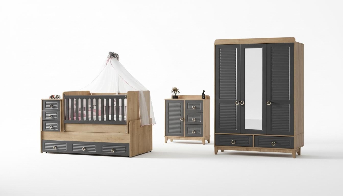 Stilvoll Kinderzimmermöbel Kinderzimmer Kinderbett Grau Holz Set 4tlg