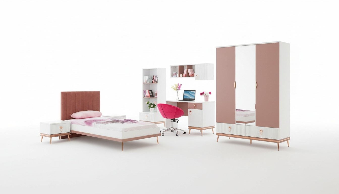 Stilvolle Mädchenzimmer Möbel Luxus Einzelbett Schrank Schreibtisch 6tlg
