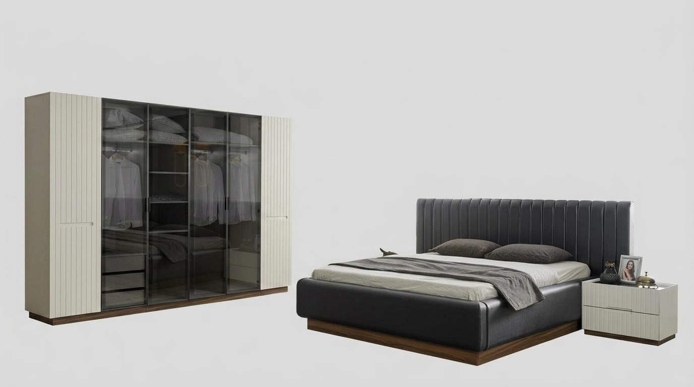Stilvolle Schlafzimmer Designer Garnitur Textil Doppelbett Edler Schrank