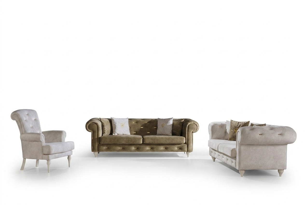 Stilvolle Wohnzimmer Sofagarnitur Dreistzer 2-Sitzer Luxus Sessel Couch