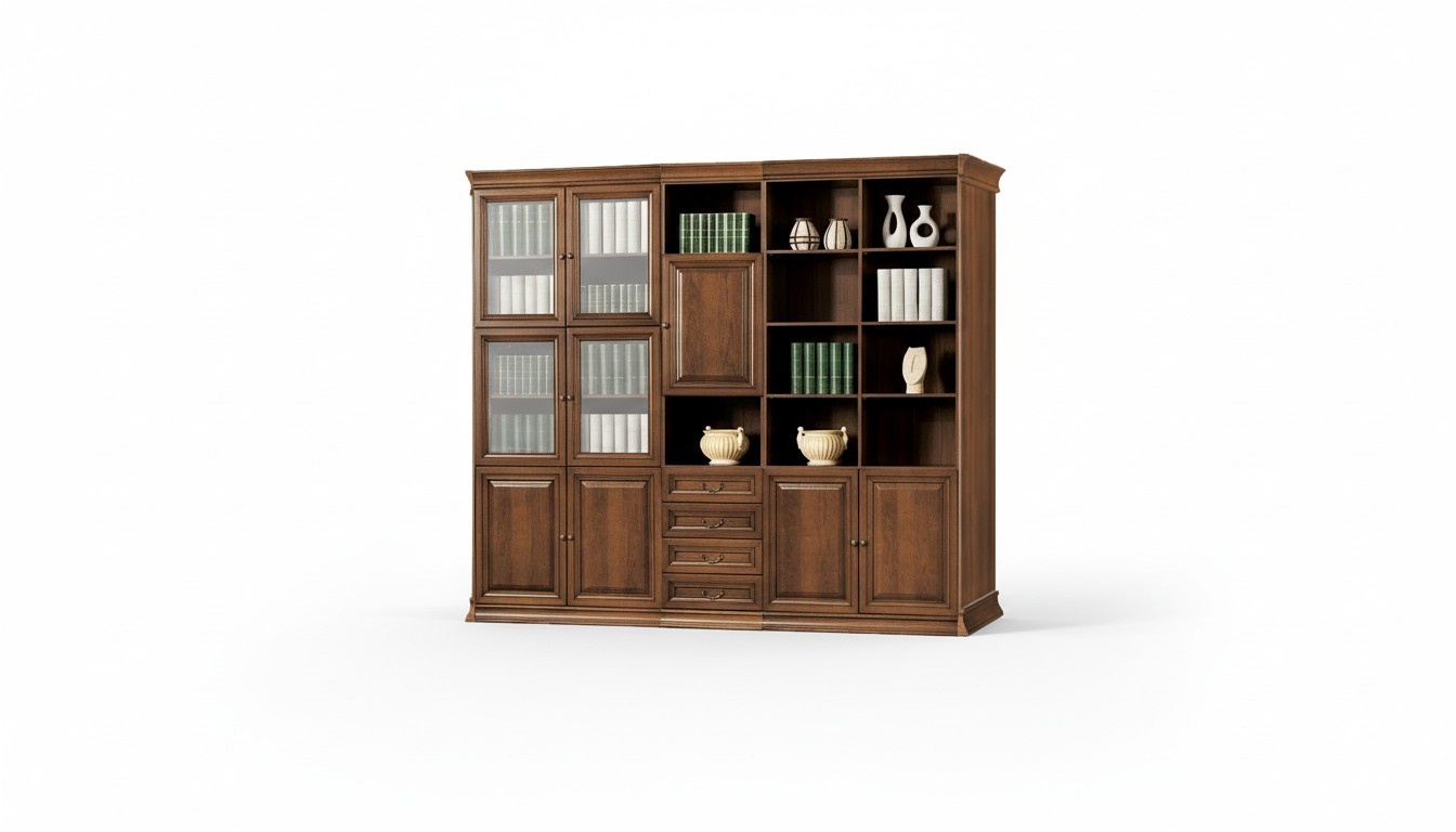 Stilvoller Brauner Büroschrank Teilmassiv Holz Regale Glastüren Arbeitszimmer