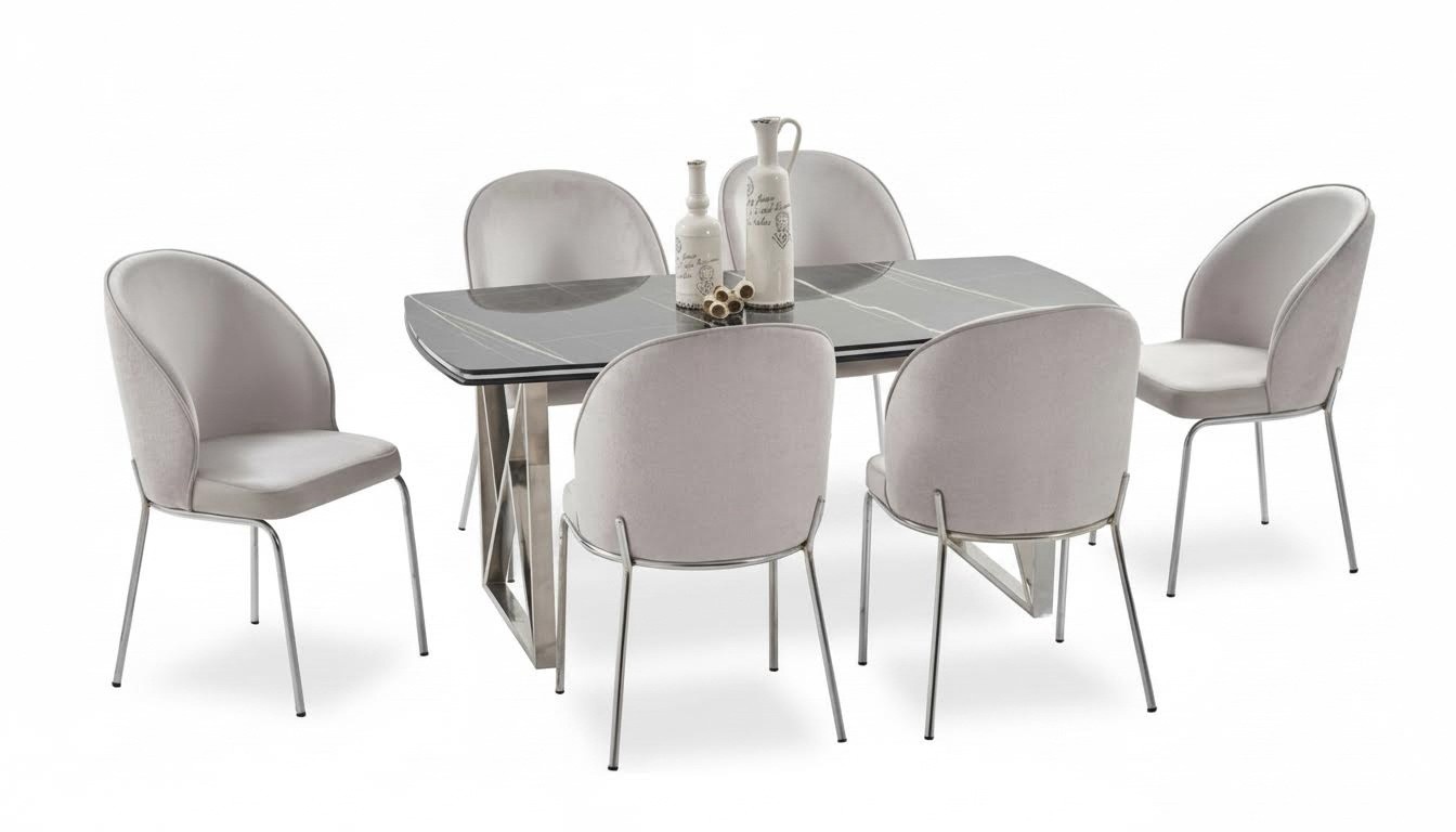 Stilvolles Esszimmer Set rechteckige schwarze Holztischplatte Chromfüße