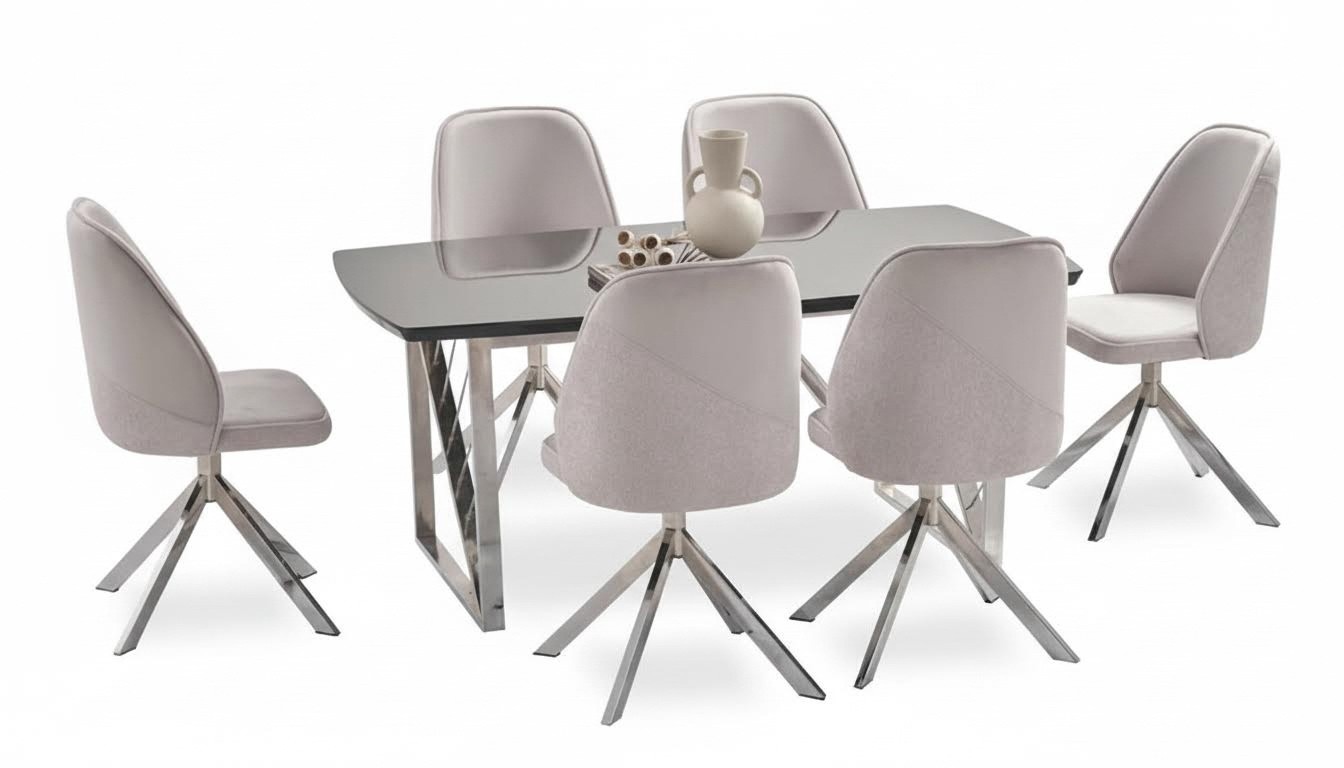Stilvolles Esszimmer Set Schwarz Grau rechteckiger Tisch weich Stühle
