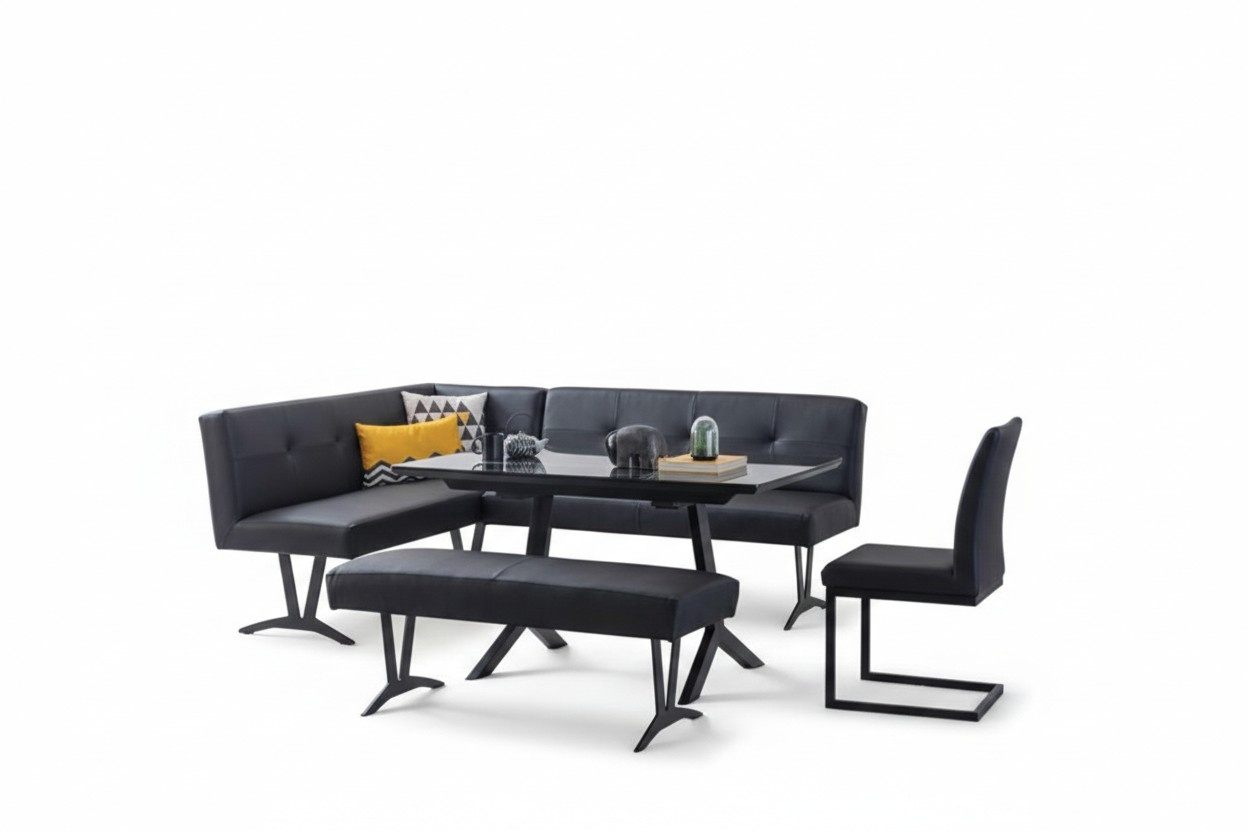 Stilvolles Schwarzes Esszimmer Set Leder Eckbank Sitzbänke Luxus Stühle