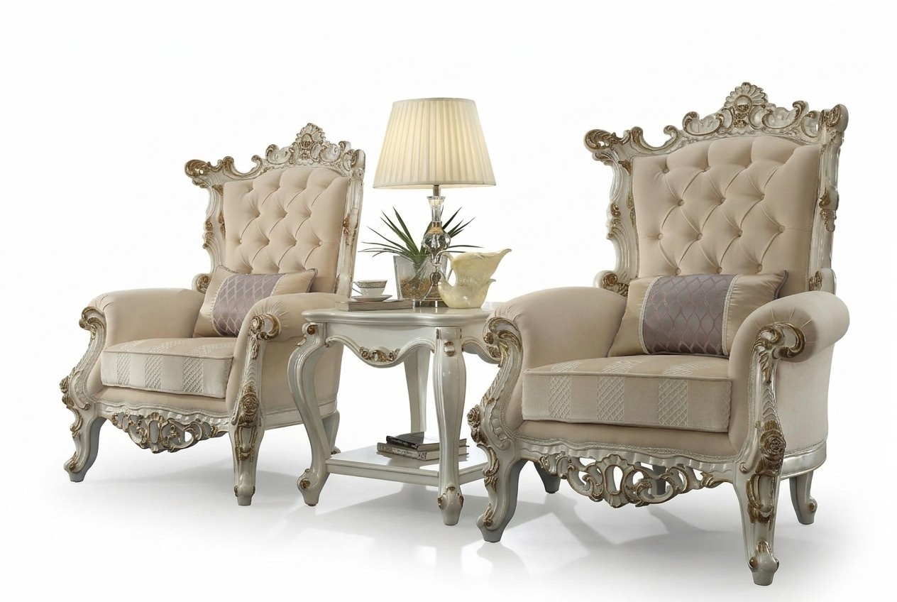 Thron Sessel Königlicher Polster 1 Sitzer Antik Stil Stühle Beige Holz Barock