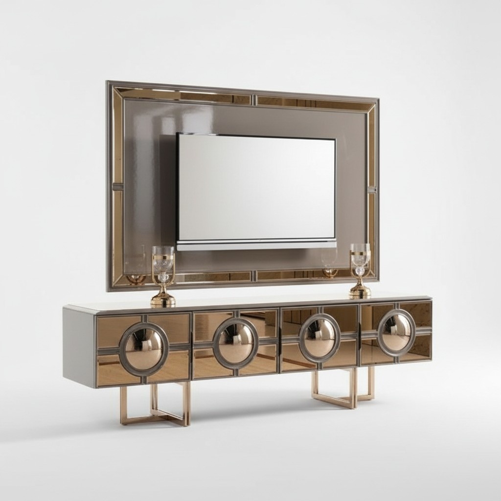 TV Ständer RTV Lowboard Wohnwand Sideboard Gold Holz Rahmen Modern