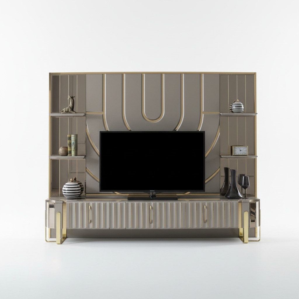 TV Ständer RTV Lowboard Sideboard Wohnzimmer Gold Grau Luxus Holz Neu