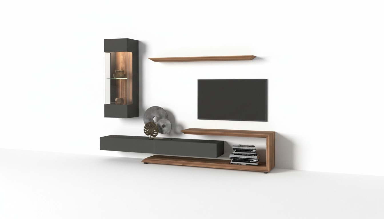 Wandschrank Wandpaneel Seitenschrank Walnuss natur - Anthrazit matt