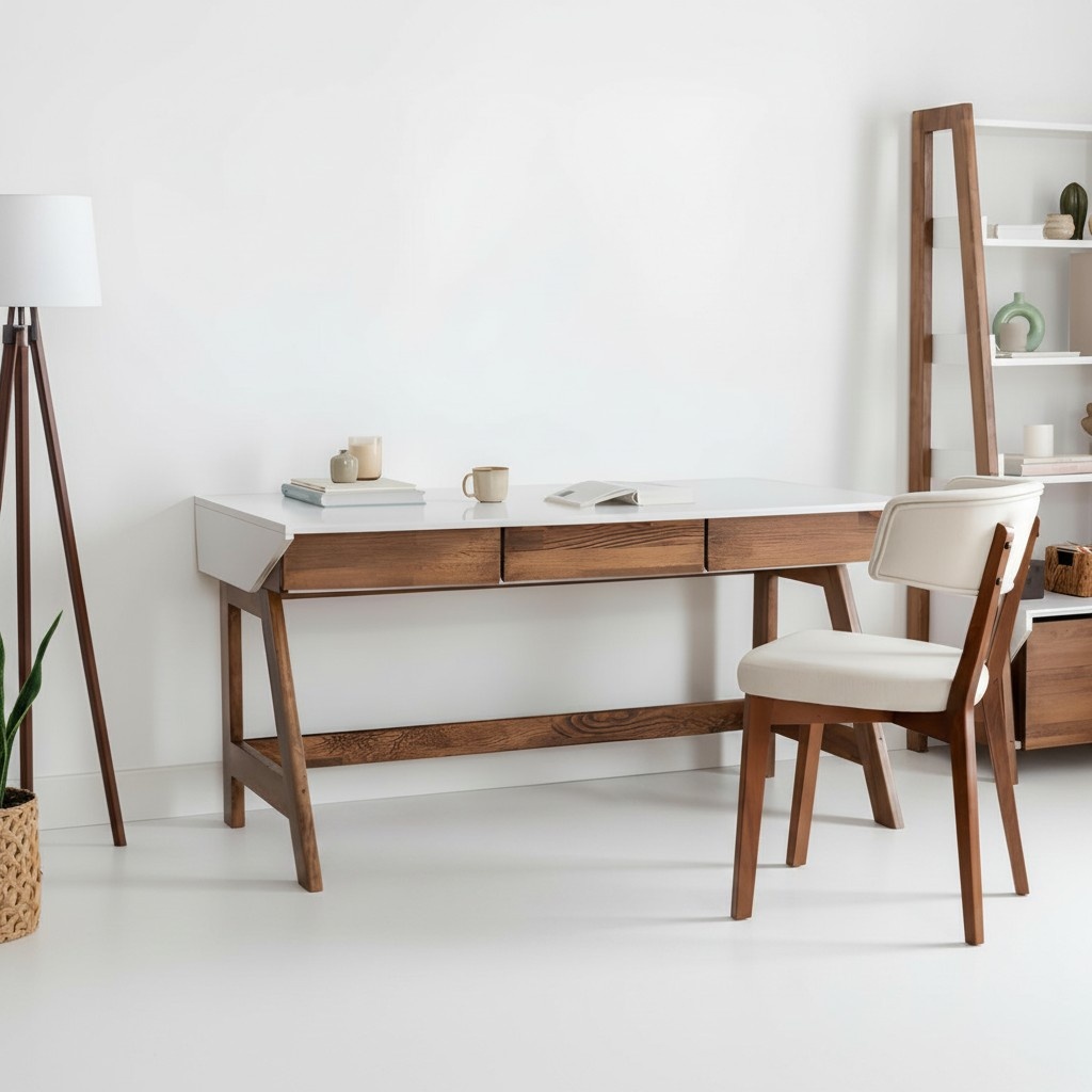 Weiß-Brauner Arbeitszimmer Schreibtisch Robuster Laptoptisch Holz Möbel