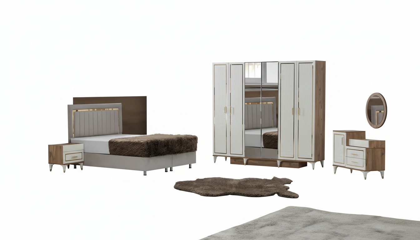 Weiß-Goldene Schlafzimmer Garnitur Schlafbett Kleiderschrank Kommode