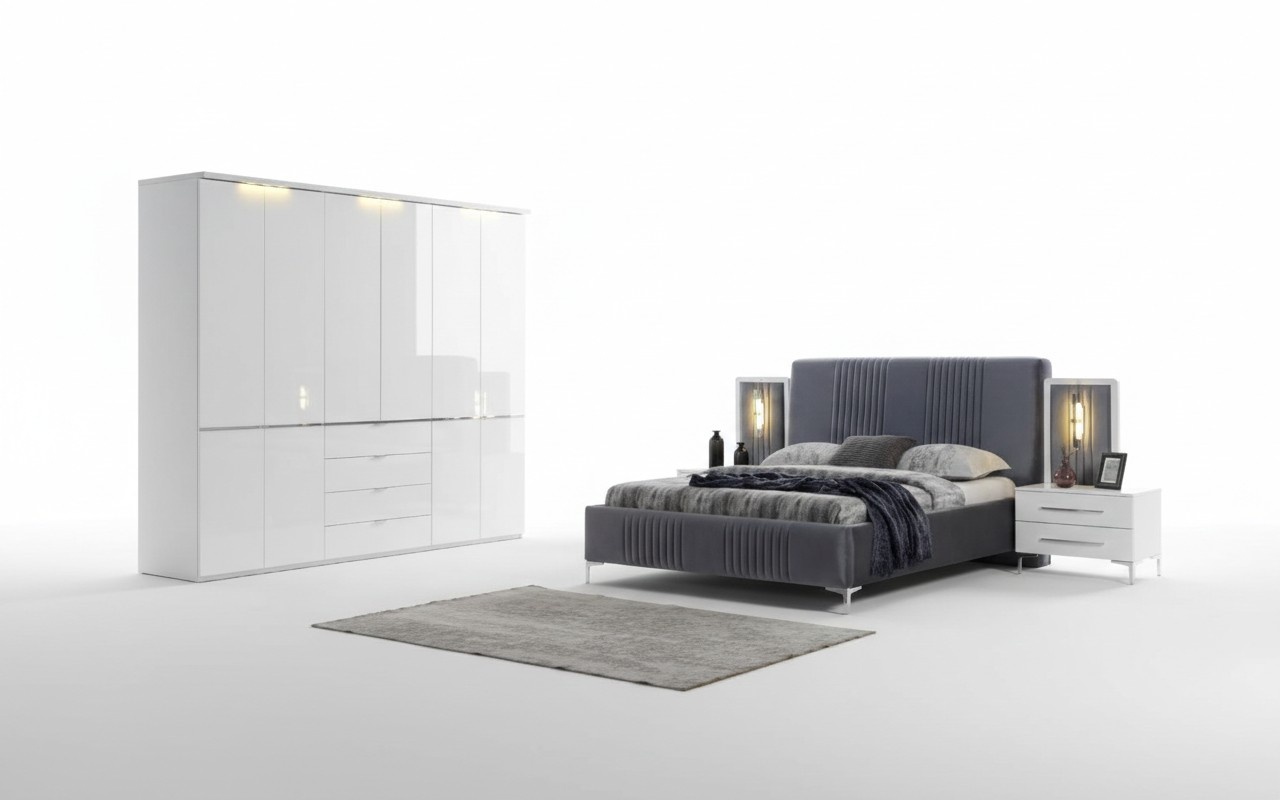 Weiß-Graue Schlafzimmer Möbel Textilbett Nachttisch Kleiderschrank 4tlg