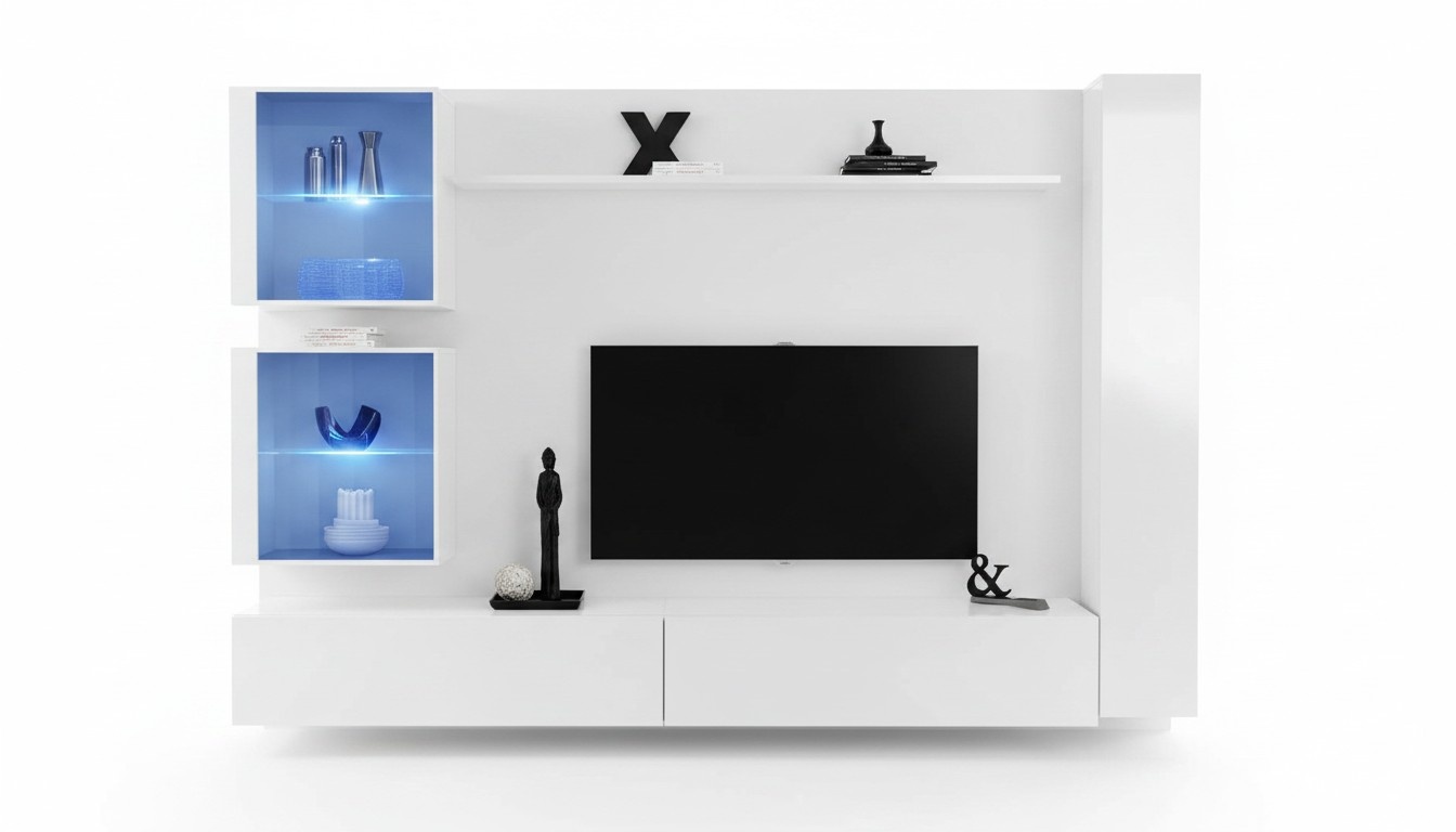 Wohnwand Set Weiß Wandschrank Komplett TV-Ständer Wand Regal Wohnzimmermöbel