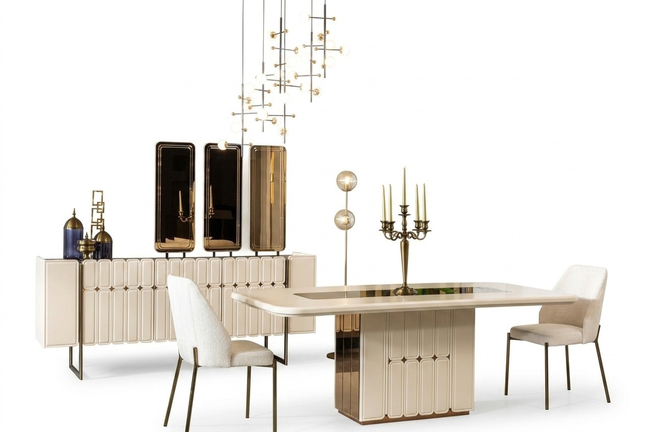 Weiße Edle Esszimmer Gruppe Designer Edelstahl Tisch x6 Stühle