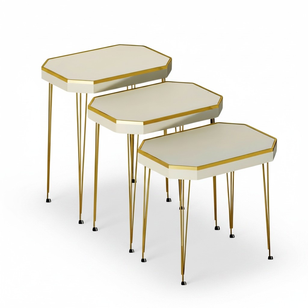 Beistelltisch Set 3 Teile Weiß mit Goldenen Metallbeinen