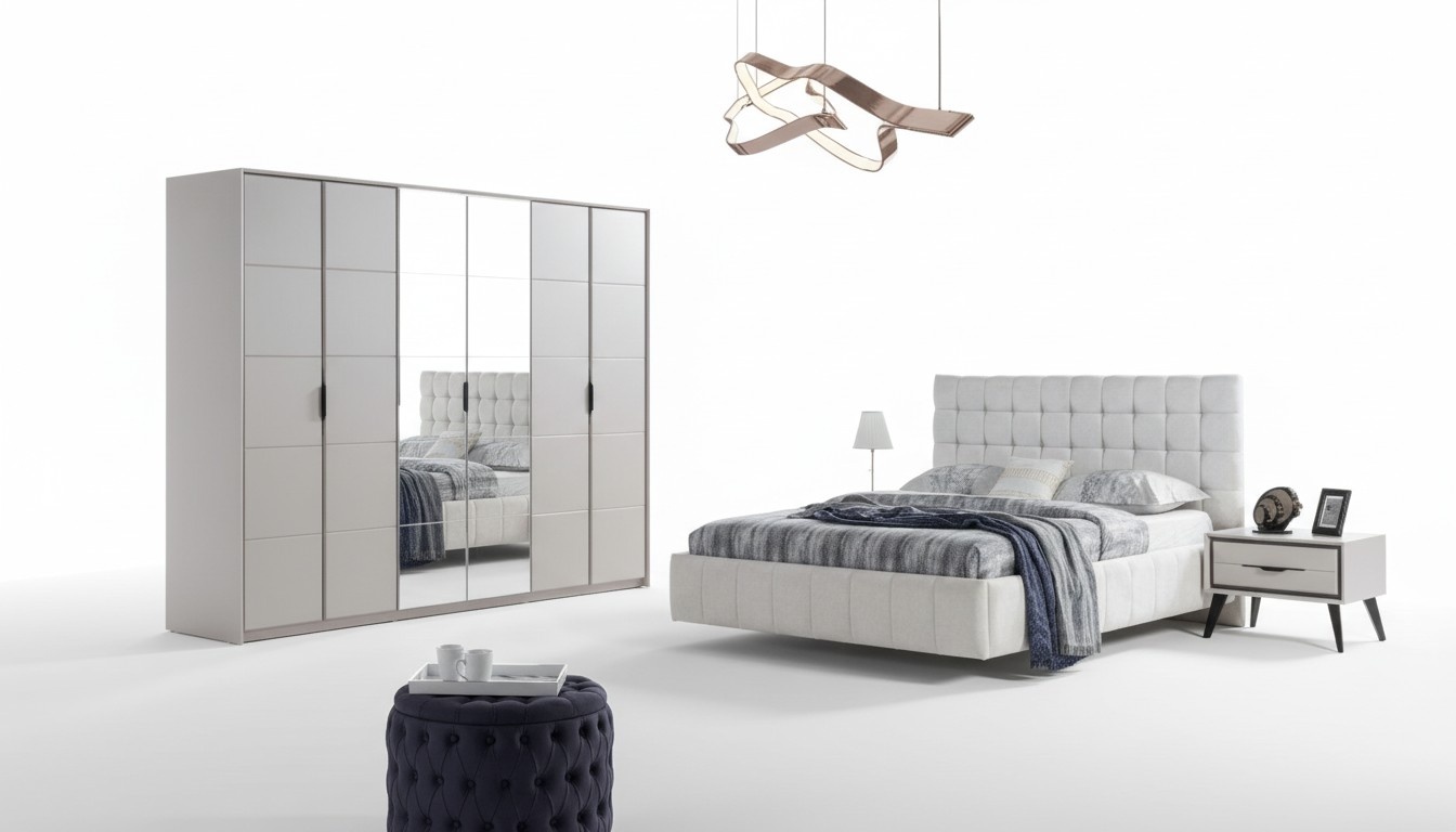 Weiße Schlafzimmer Garnitur Luxus Möbel Polster Bett Holz Kleiderschrank