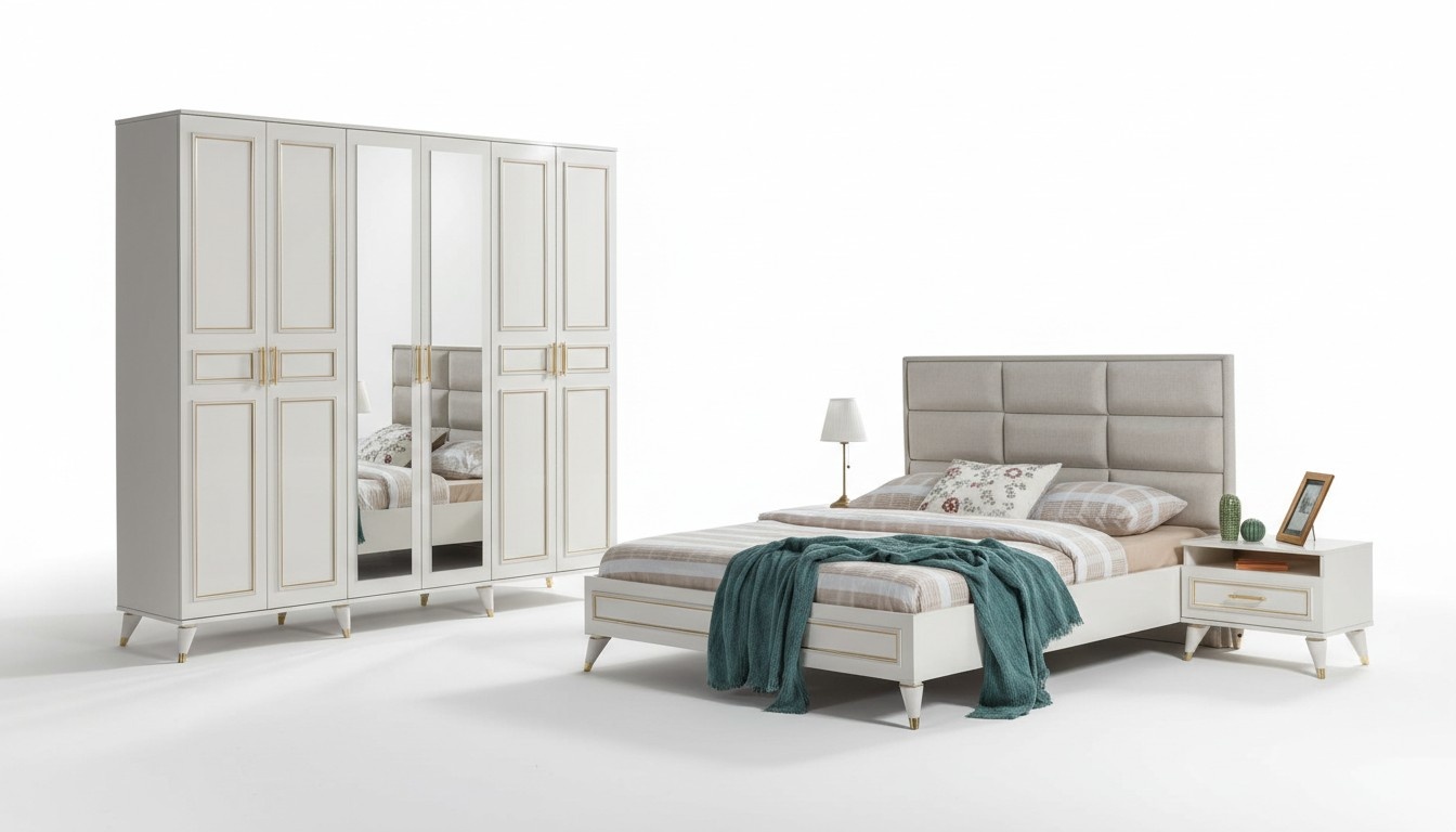 Weiße Schlafzimmer Möbel Holz Glasschrank Textil Doppelbett Nachttische