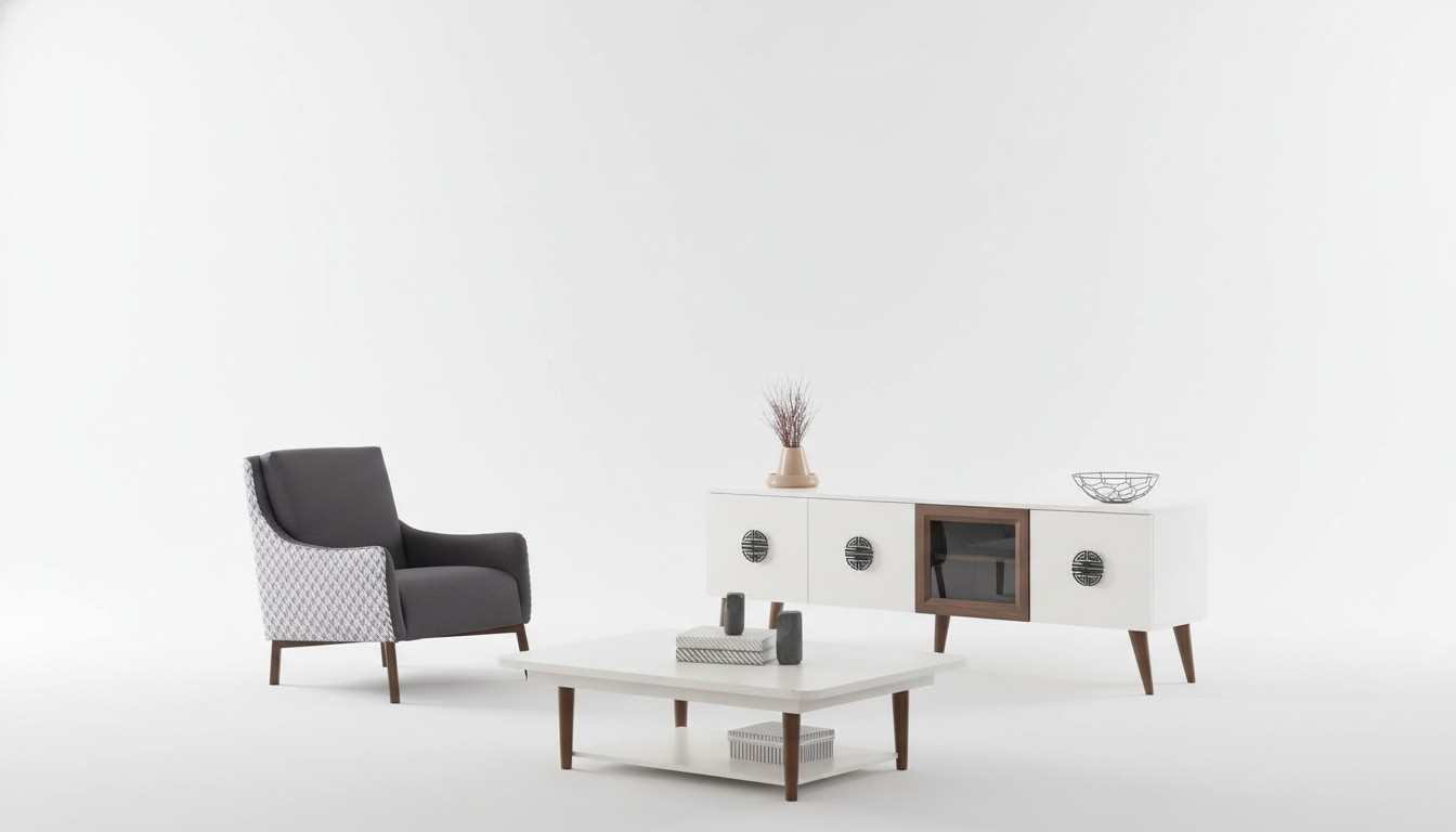 Weiße Wohnzimmer Garnitur TV-Schrank Rechteckiger Couchtisch Holz Möbel