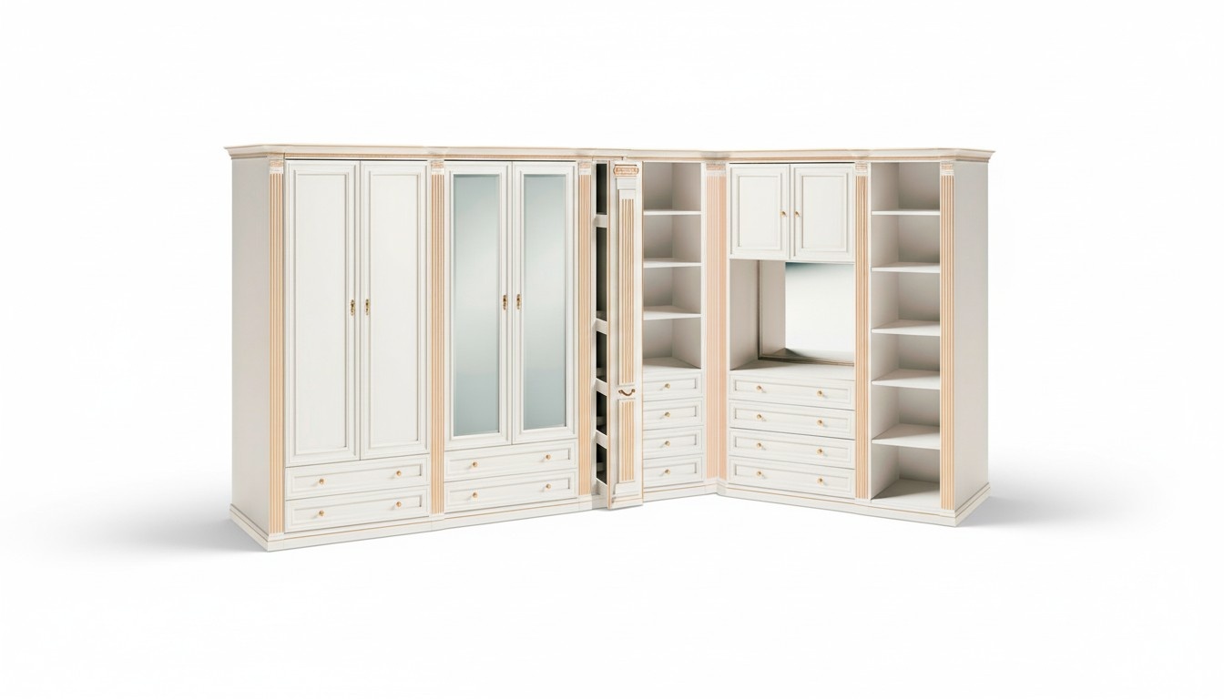 Weißer Edler Eckschrank Massivholz Schränke Schlafzimmer Kommode Spiegel