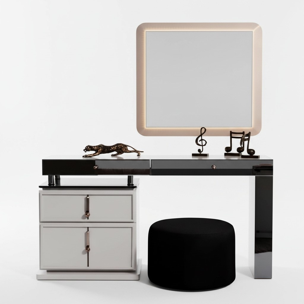 Weißer Schminktisch Designer Rechteckiger Spiegel Polsterhocker 3tlg Set