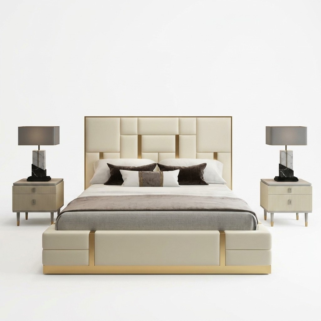 Weißes Doppelbett Schlafzimmer Luxus Holzgestell Designer Edelstahlbett