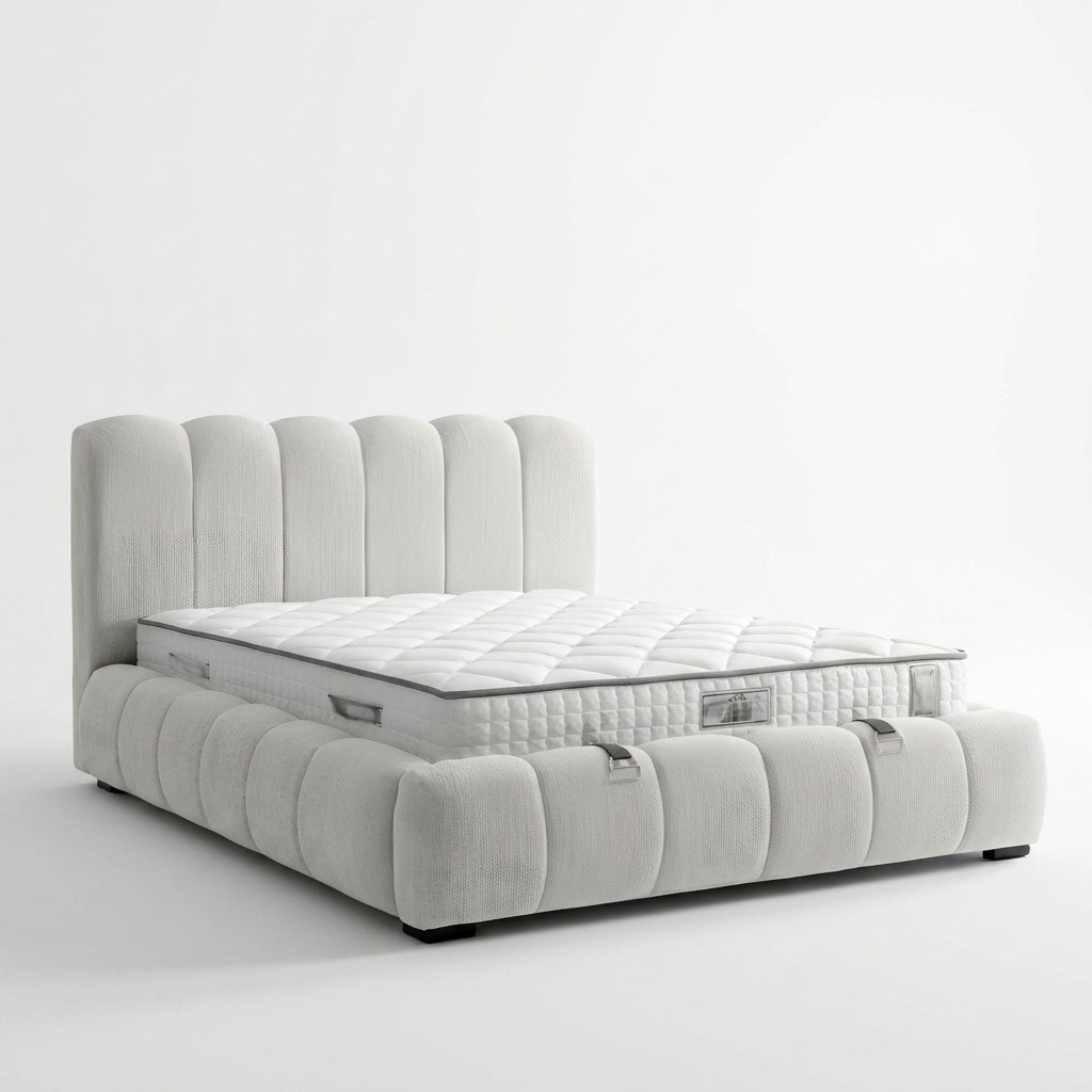 Weißes modernes Bett aus Textil mit hochwertiger Matratze