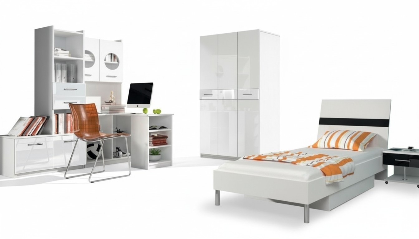 Weißes Schlafzimmer Kinderzimmer Set Schrank Kommode Tisch Holz Hochglanz 5tlg.