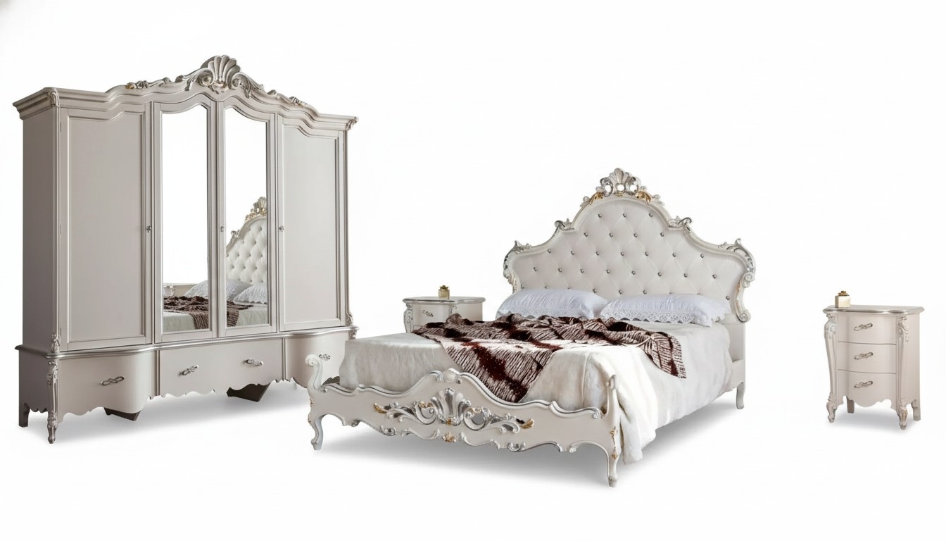 Weißes Schlafzimmer Set Klassisches Bett 2x Nachttische Kleiderschrank