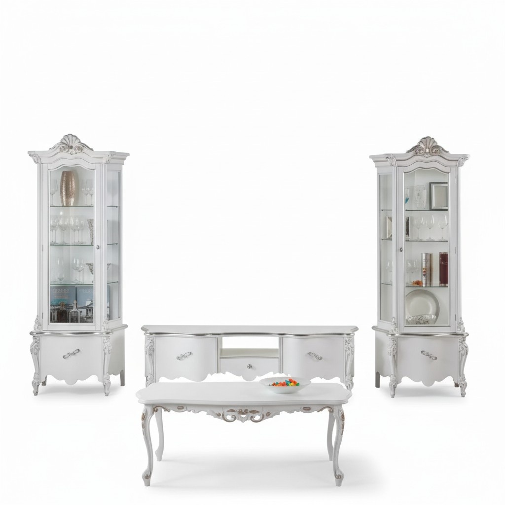 Weißes Wohnzimmer Set TV-Ständer Couchtisch 2x Vitrine Luxus Holzmöbel
