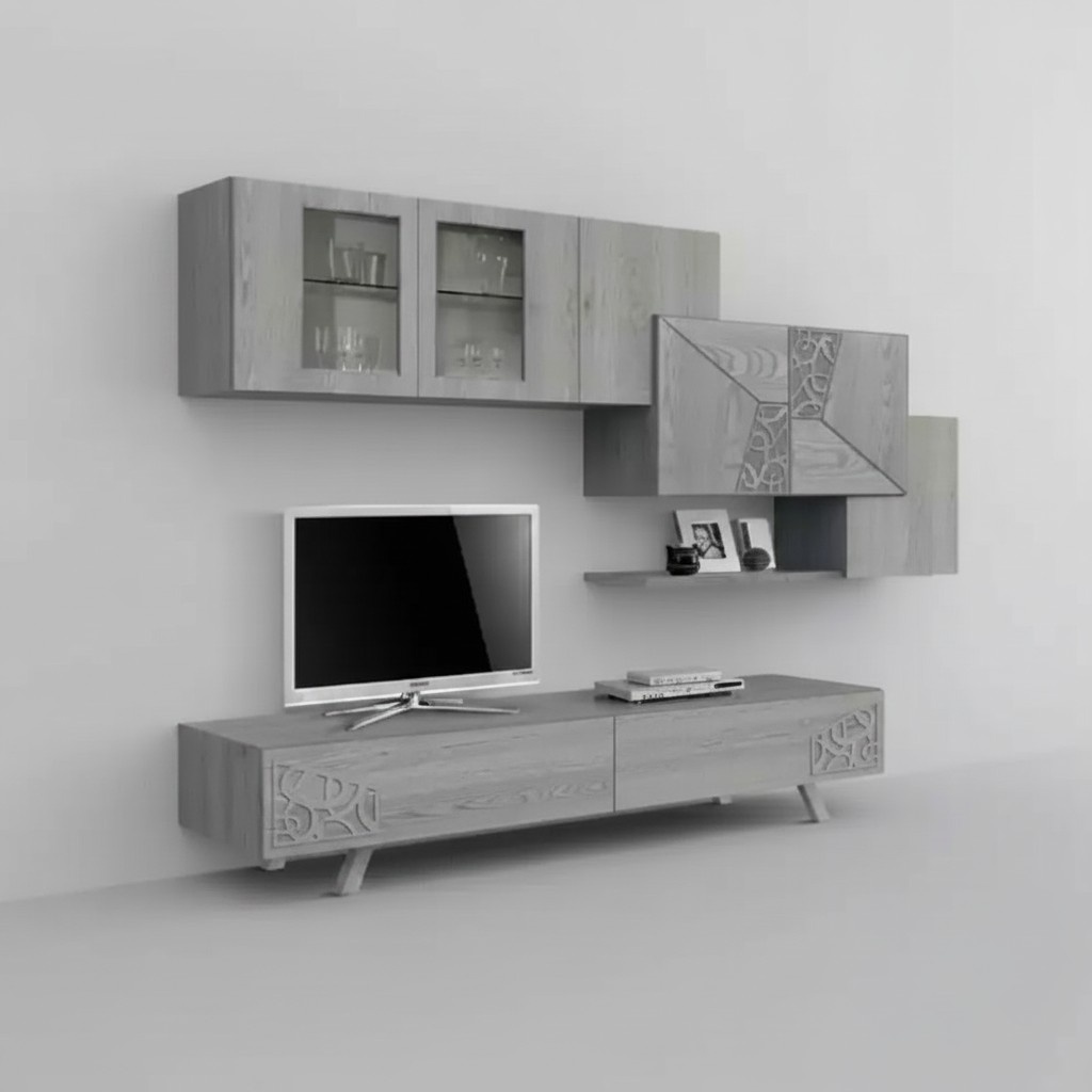 Wohnwand Anbauwand Wohnkombi Wohnzimmer neues Holz Grau