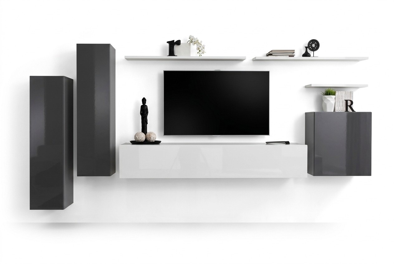 Wohnwand Grau Möbel Wohnzimmer Designer Luxus TV Ständer Holz Wandregal Komplett