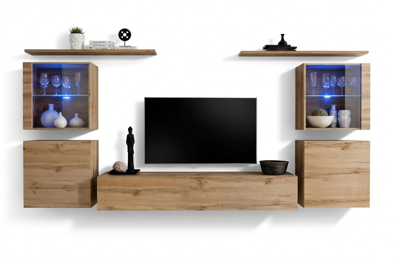 Wohnwand Luxus Set 7tlg. Wohnzimmer Wand Schrank Wandregale Holz Möbel Gruppe