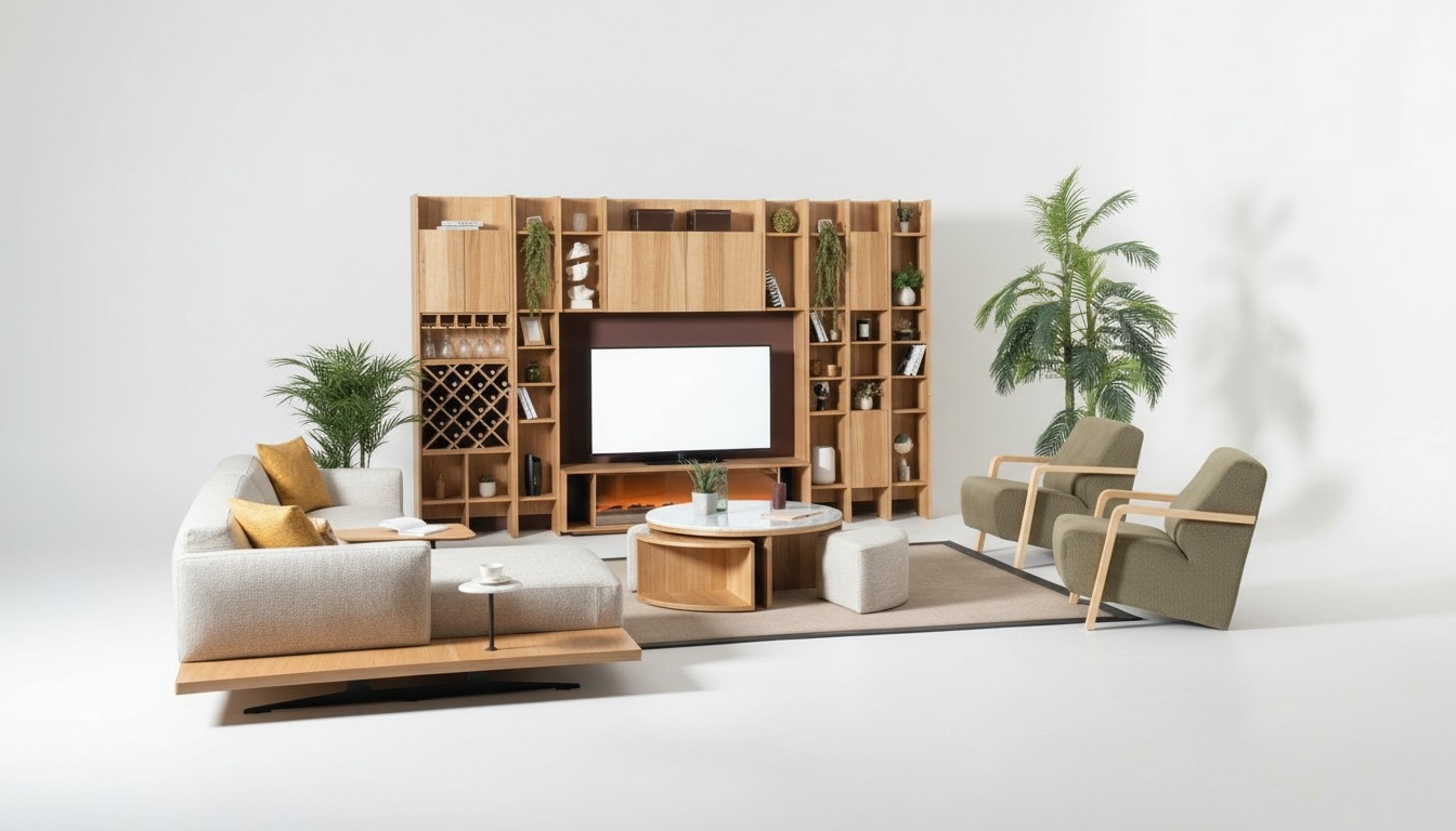 Wohnwand mit Elektro Kamin Wohnwände Ecksofa Sessel Komplett Set 5tlg