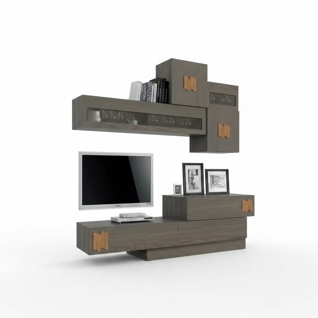 Wohnwand Schrank TV-Schrank Set Wohnmöbel Praktisch Wohnzimmer grau