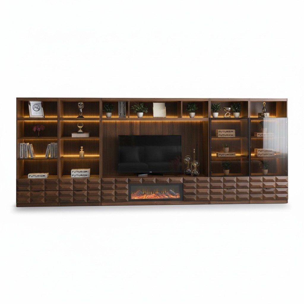 Wohnwand Schrankwand Bücherregal Anbauwand mit Flammeneffekt Elektrokamin