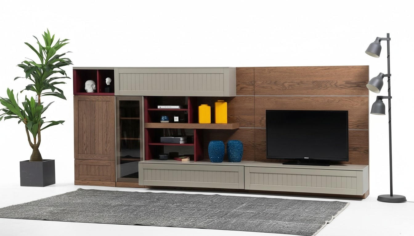 Wohnwand TV Ständer RTV Lowboard Vitrine Holz Modern Braun Wohnzimmer