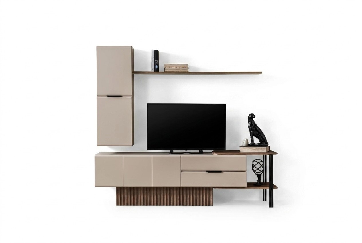 Wohnwand TV Ständer Wandschrank RTV Lowboard Beige Holz Regale