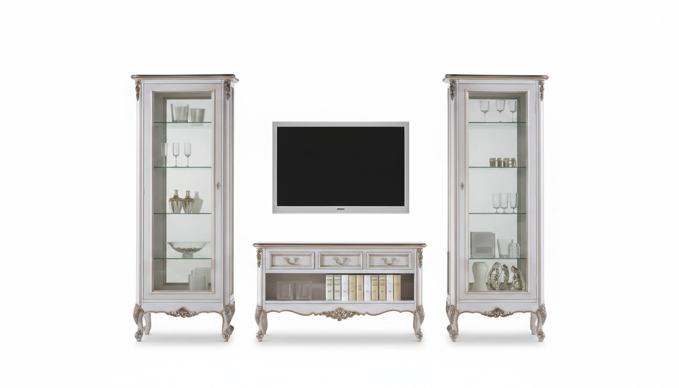 Wohnwand TV-Ständer Wohnzimmer Holz Möbel 2x Vitrine Weiß Set Neu