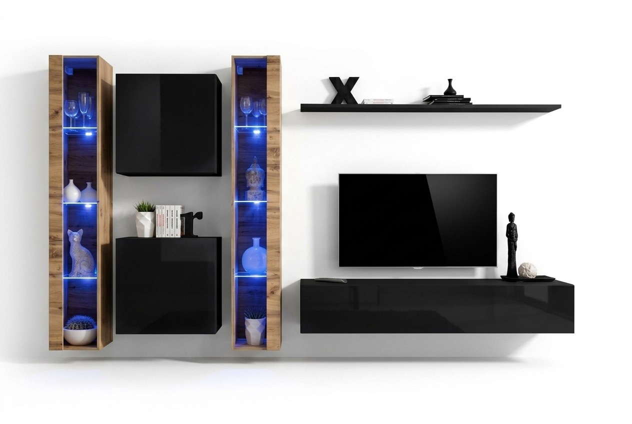 Wohnwand Wandschrank Modern Design TV-Ständer Schwarz Wohnzimmermöbel Komplett